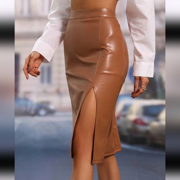 Faux Leather Pencil Skirt In Camel W/ Side Slit - Picture 1 of 6